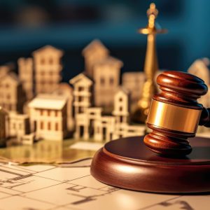 A gavel on a table with dense city architectural model in blur background. beautiful Generative AI AIG32